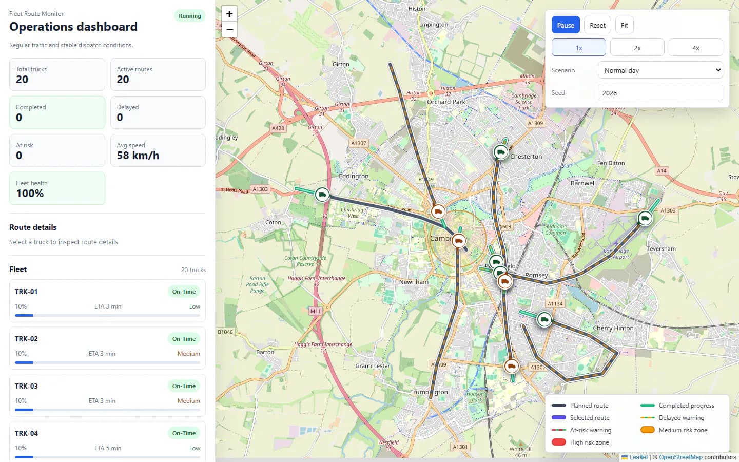 Fleet Route Monitor dashboard with a route map, vehicle progress and operational alerts