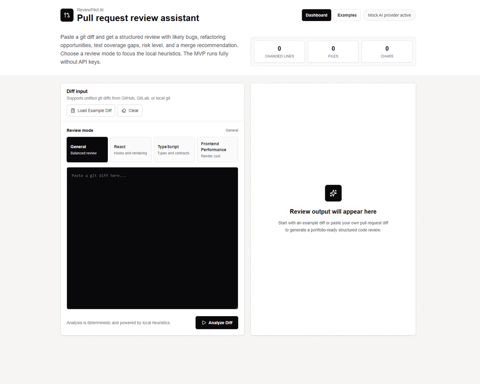 ReviewPilot AI dashboard showing a structured pull request risk analysis